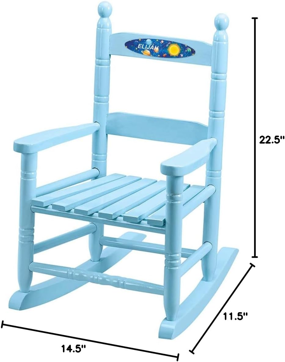 Fox Valley Traders Custom Space-Themed Children's Rocking Chair, Durable Wood - Measures 14 1/2" Wide x 11 1/2" Deep; 22 1/2" Overall Height, Blue Font