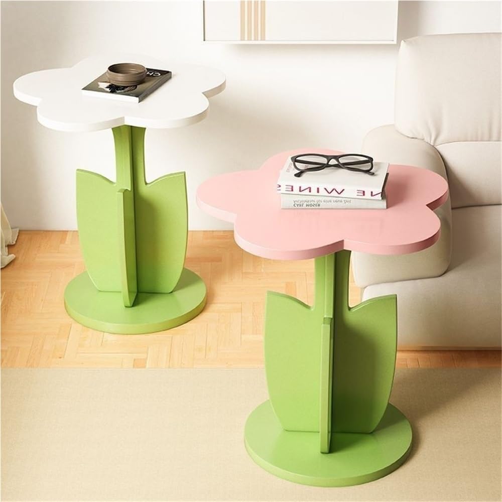 Funky Flower-Shaped Sofa Side Table, Small Nightstand/Coffee Table with Storage Tray, Cute Wooden End Tables, Creative Furniture Decorative for Living Room, Bedroom, Small Spaces(Pink)