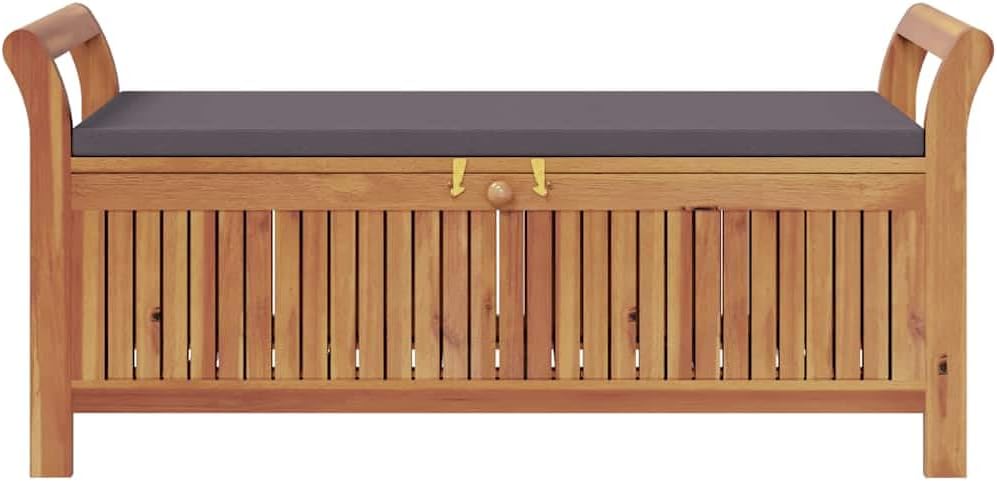 Solid Acacia Wood Patio Storage Bench with Cushion, 49.6 Inch Outdoor Garden Bench with Curved Arms and Ample Storage Space for Cushions, Pillows, Blankets