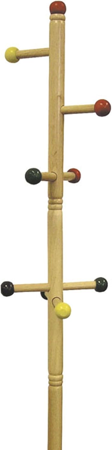 49.5" Tall Wooden Standing Coat Rack, Natural, 8 Colored Pegs