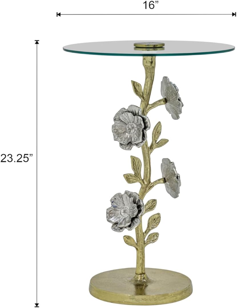 Flower Side Table with Glass Top | Decorative Sculptural End Table | Aluminum Base | Accent Table for Living Room | 16x16x23.75