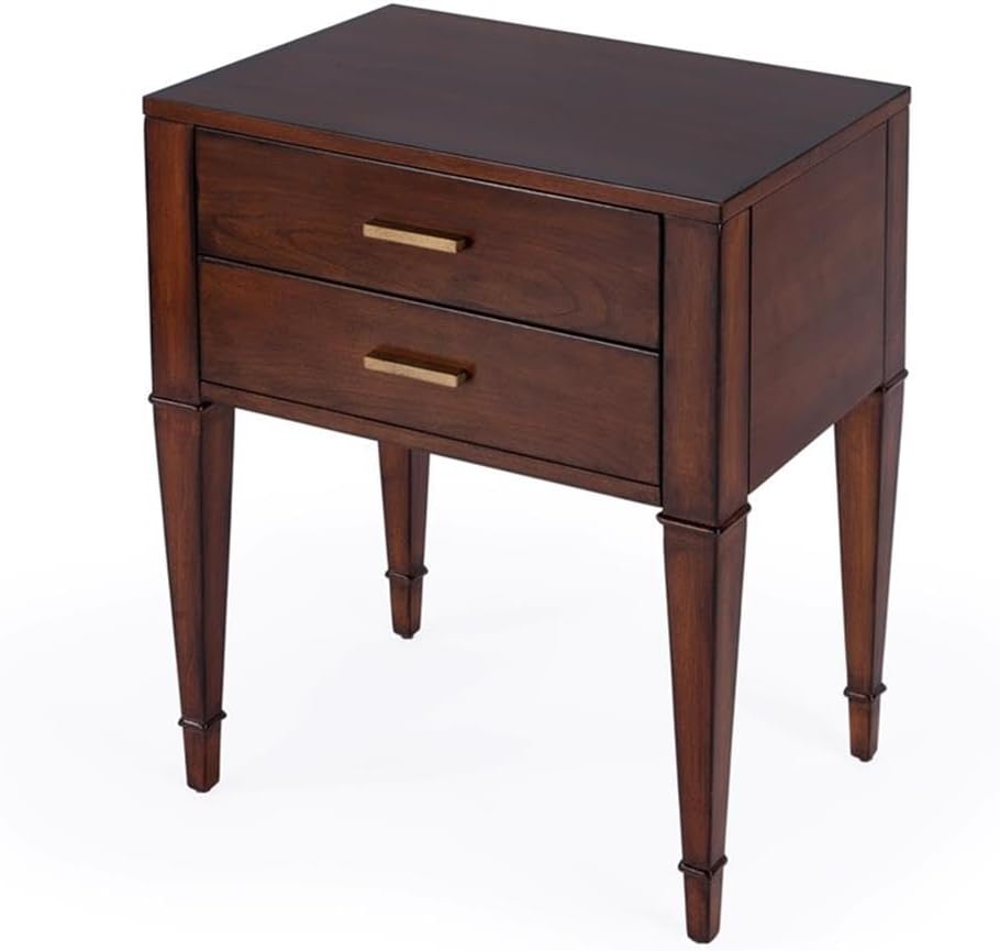 Beaumont Lane Contemporary 2 Drawer End Table, Antique Cherry Finish, 24" W x 16" D x 28" H, Poplar Solids and Veneer, Rectangular Design with Gold Hardware, Living Room or Side Table with Storage