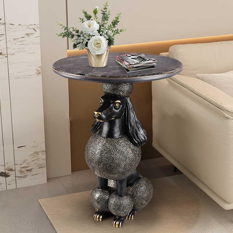 Modern Poodle Dog Side Table with Round Marble Style Top, Decorative Animal Accent End Table for Living Room, Designer Sculpture Sofa Corner Table