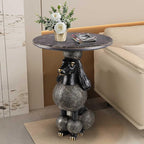 Modern Poodle Dog Side Table with Round Marble Style Top, Decorative Animal Accent End Table for Living Room, Designer Sculpture Sofa Corner Table