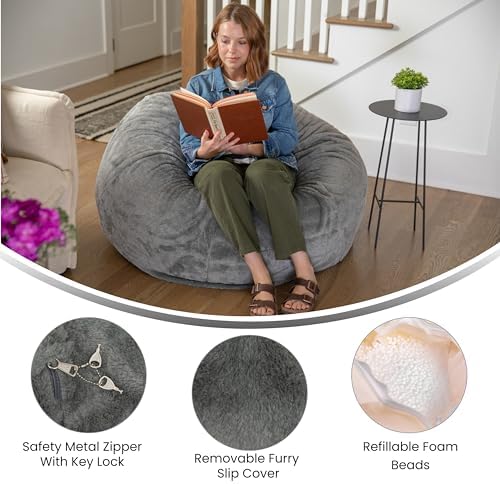 EMMA + OLIVER Denver Oversized Gray Furry Bean Bag Chair for Kids and Adults