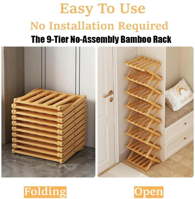 The 9-Tier No-Assembly Bamboo Rack, 2026 New 9 Tier Bamboo Shoe Rack, Bamboos Shoes Storage Racks, Foldable Vertical Organizer for Entryway, Closet, Bedroom, Small Spaces (Nature 9 Tier)