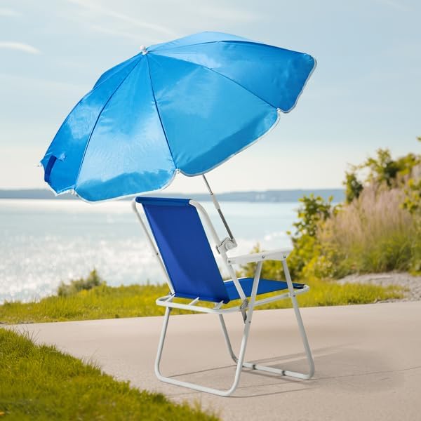 Kids Outdoor Folding Beach Chair Set with Parasol, Blue, Suitable for Camping, Lawn, Concert