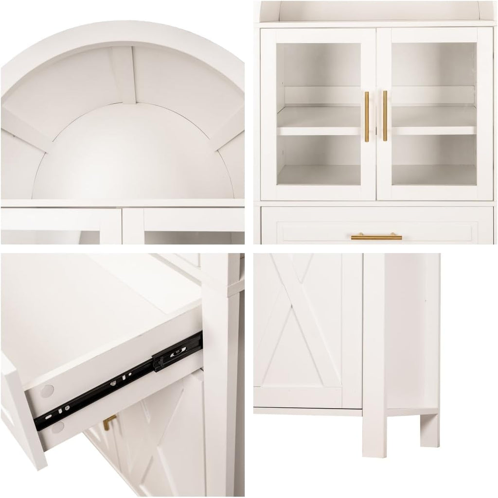 71 Inch Tall Arched Pantry Cabinet with Glass Door, Farmhouse Kitchen Pantry with Adjustable Shelves & Barn Door for Living Room Dining Room (White)
