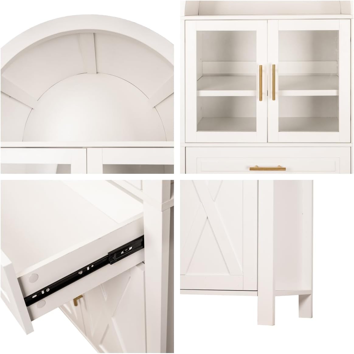 71 Inch Tall Arched Pantry Cabinet with Glass Door, Farmhouse Kitchen Pantry with Adjustable Shelves & Barn Door for Living Room Dining Room (White)