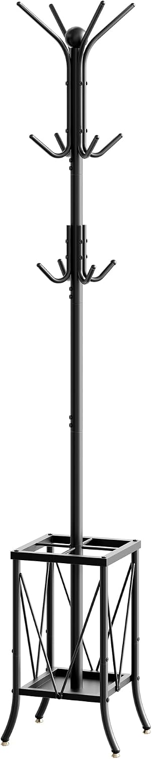 CHOEZON Coat Rack Freestanding, Coat Rack with Umbrella Holder, Entryway Hanger Stand with12 Hooks, Metal Hall Tree for Bags, Coats, Hats, Entryway, Hallway, Living Room, Bedroom, Office Black TYM01BB