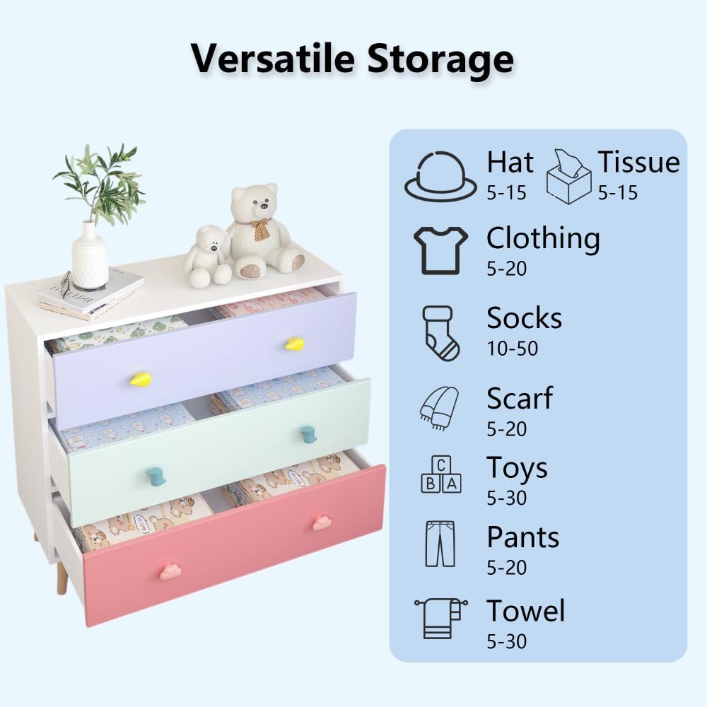 Modern Nightstand with 3 Drawer, Wooden Bedside Table for Kids Room, Toddler Childs Storage Cabinet with Euro Glides, Safety Anti-Tip Design, Easy Assembly, Colorful Finish, 2026 Upgrade (Colorful)