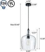 Glass Pendant Light Modern Black 1 Light Single Dome Pendant Lighting Fixtures for Kitchen Island Dining Room Hallway, Wide 10 Inch, E26, UL Listed
