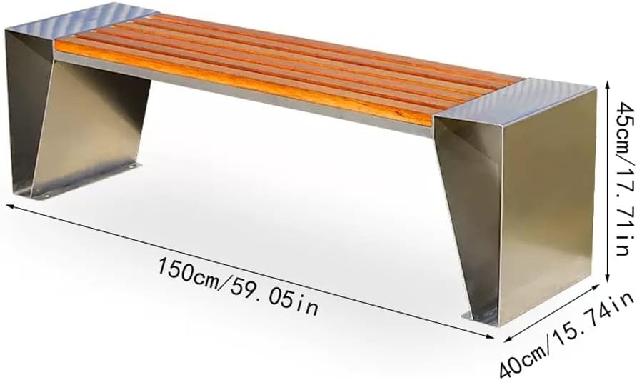 Outdoor Bench, Stainless Steel + Solid Wood Leisure Seat Scenic Commercial Wooden Stool Park Rest Garden Benches for Outdoors