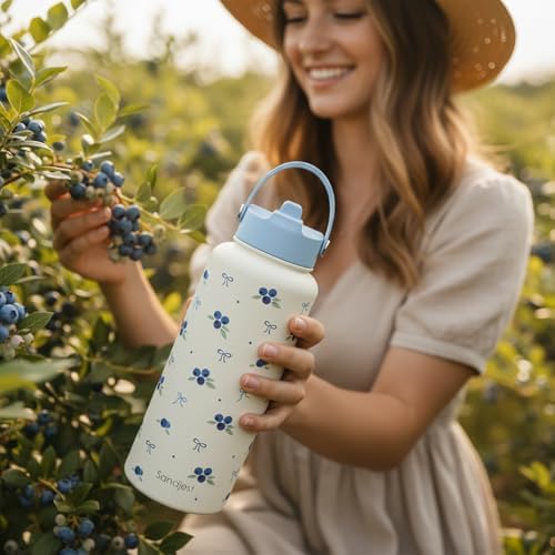 Blueberry Water Bottle Stainless Steel 32oz with Lid & Straw, Fruits Aesthetic Insulated Bottles Gifts for Girls Friends Teens Birthday Christmas