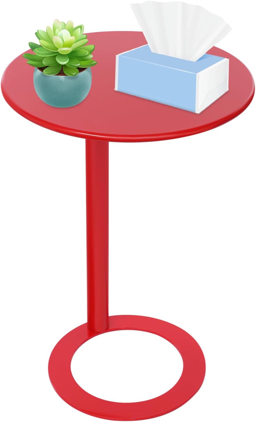 C-Shaped Side Table for Small Spaces - Modern Round End Table Slides Under Sofa, Couch, Bed - Space Saving Furniture 18.9" (Red)