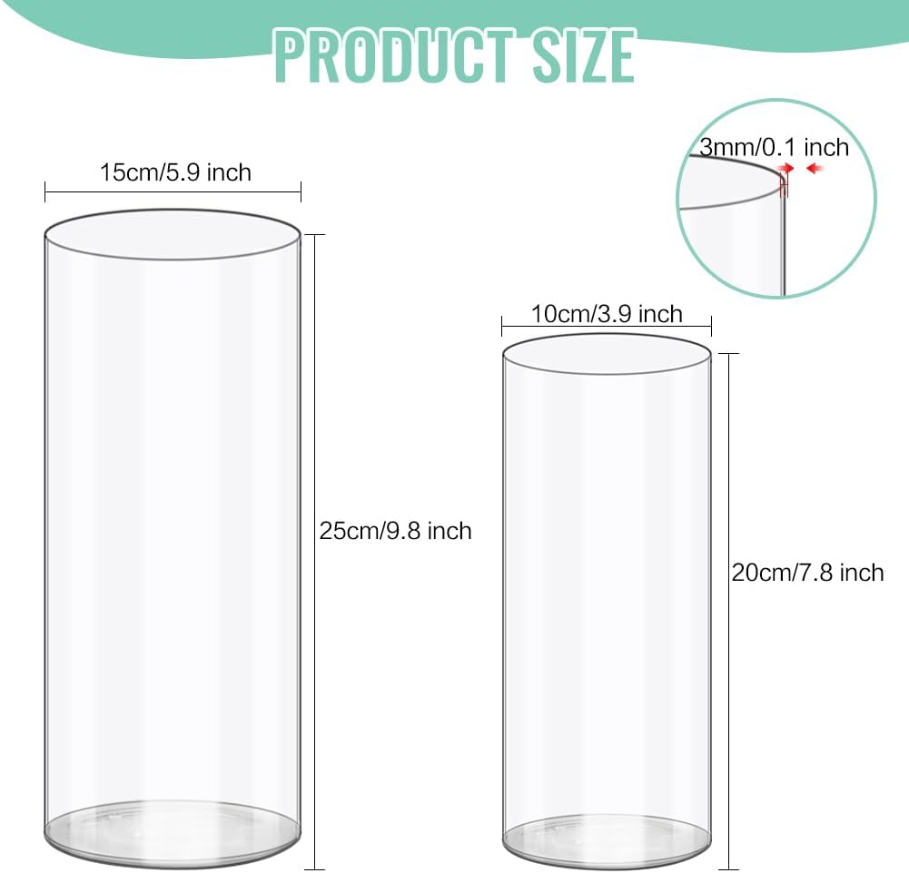 Olrla 2 Pack Transparent Acrylic Flower Vase, Height 7.87'' and 9.8'' Shatter Proof Plastic Cylinder Vase for Flower Arrangement, Wedding Centerpieces, DIY