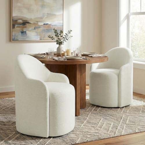 KISLOT Upholstered Dining Chairs with Casters, No Assembly Modern Dining Room Chairs Accent Vanity Chair with 5 Wheels & Round Backrest for Bedroom, Living Room, Dressing, Linen Fabric, Set of 1