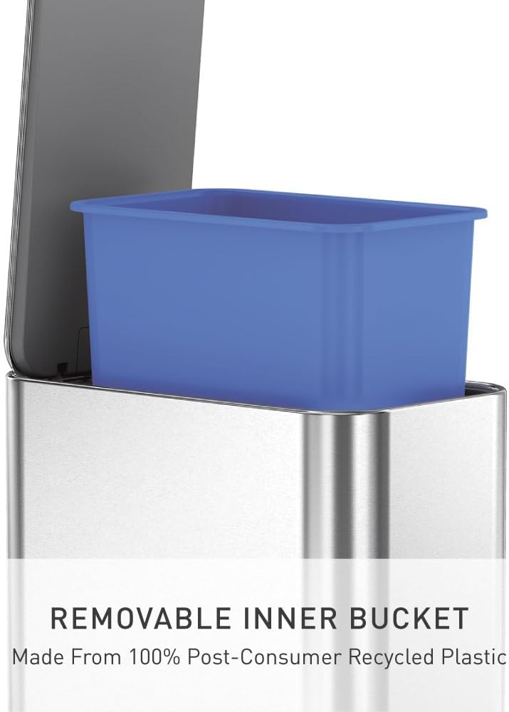 simplehuman Slim Step Can, 5L / 1.3 Gallon Compact Bathroom Trash Can, Liner Pocket®, Sleek Internal Hinge, 150,000-Step All-Steel Pedal, Lid Shox® Silent Close, Brushed Stainless Steel