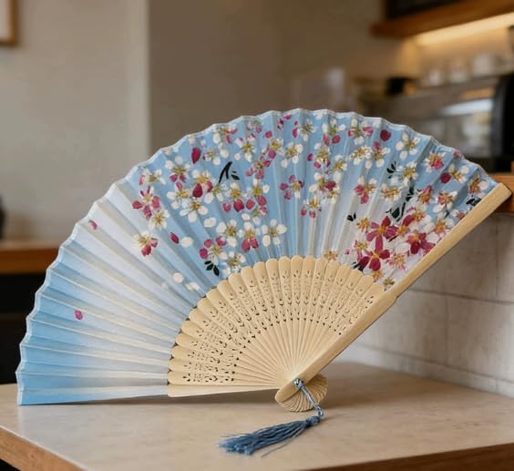 Blue Gradient Cherry Blossom Folding Hand Fan with Tassel, Vintage Japanese Floral Foldable Fan, Elegant Handheld Cooling Fan