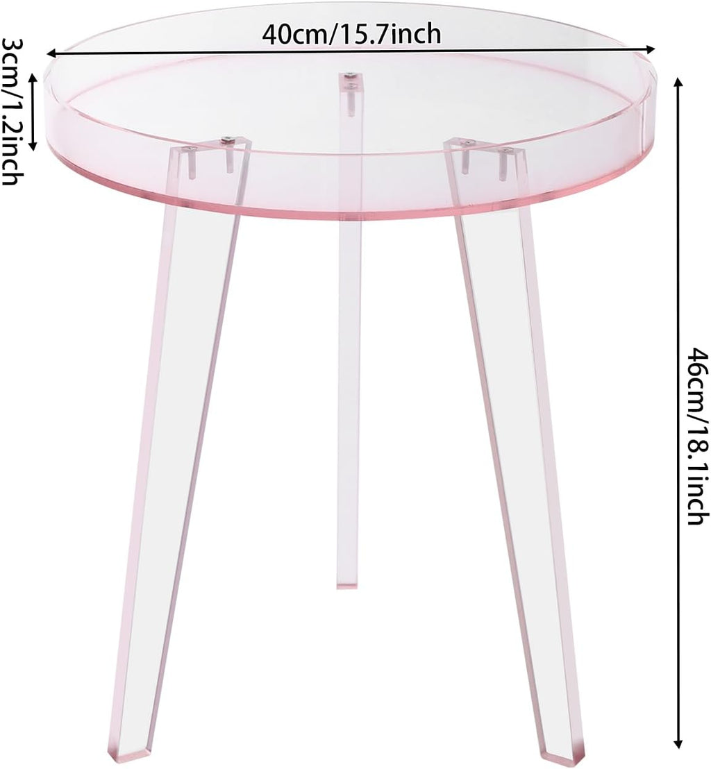 Clear Acrylic Side Table, Modern End Table with Storage Shelf, Small Round Bedside Table Nightstand for Living Room Bedroom Sofa Side, Transparent Accent Table (Pink)