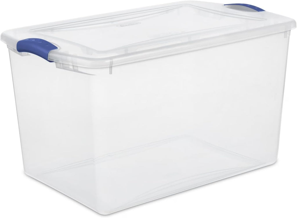66 Quart Clear Plastic Storage Bins with Latching Lids, Large Stackable Container Boxes for Home, Closet, and Garage Organization, Blue Latch