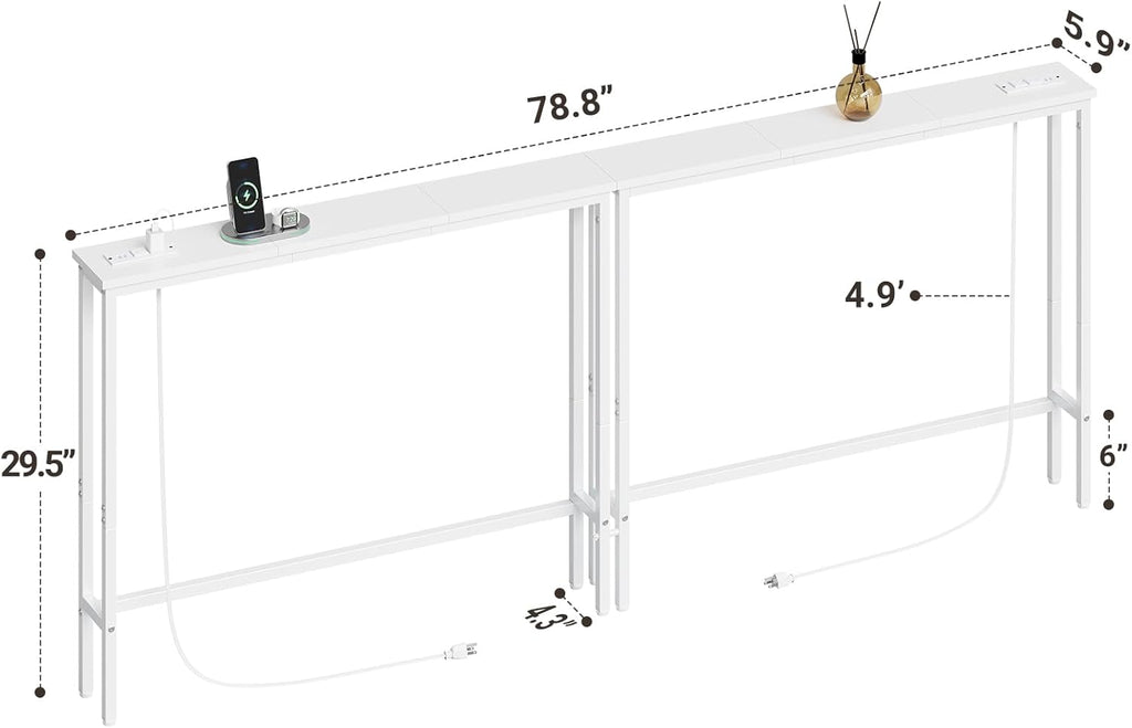 ELYKEN 2 Pack 5.9" Narrow Console Sofa Table with Power Outlets, Total 78.8” Long Behind Couch Table with Charge Station and 4.9’ Extension Cord for Living Room, 5.9" D x 78.8”W x 29.5”H, White