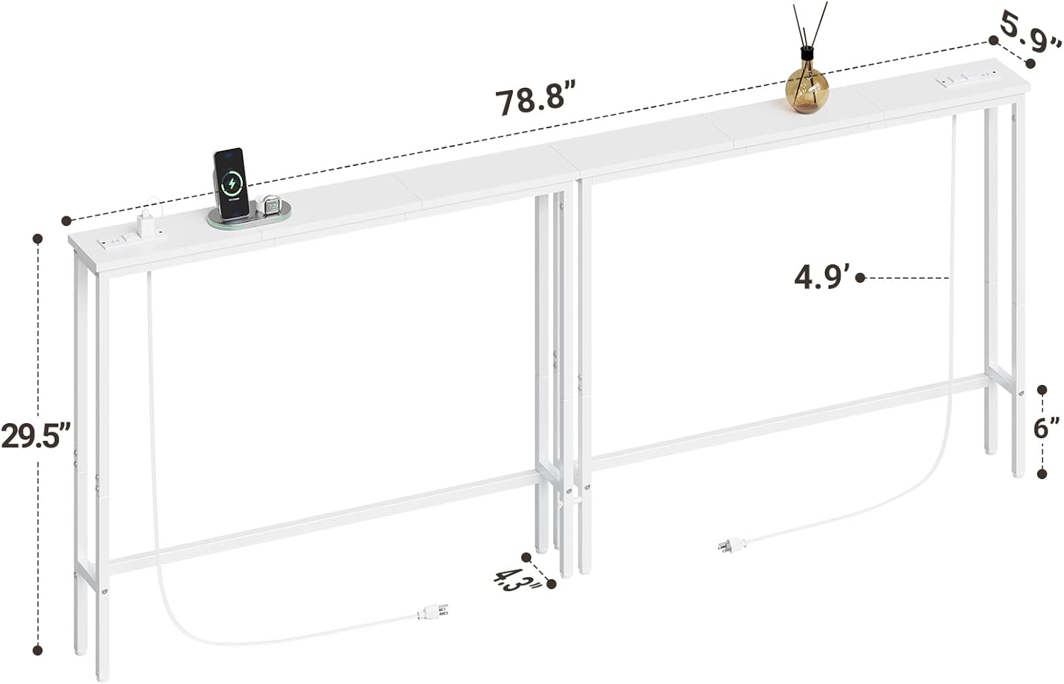 ELYKEN 2 Pack 5.9" Narrow Console Sofa Table with Power Outlets, Total 78.8” Long Behind Couch Table with Charge Station and 4.9’ Extension Cord for Living Room, 5.9" D x 78.8”W x 29.5”H, White