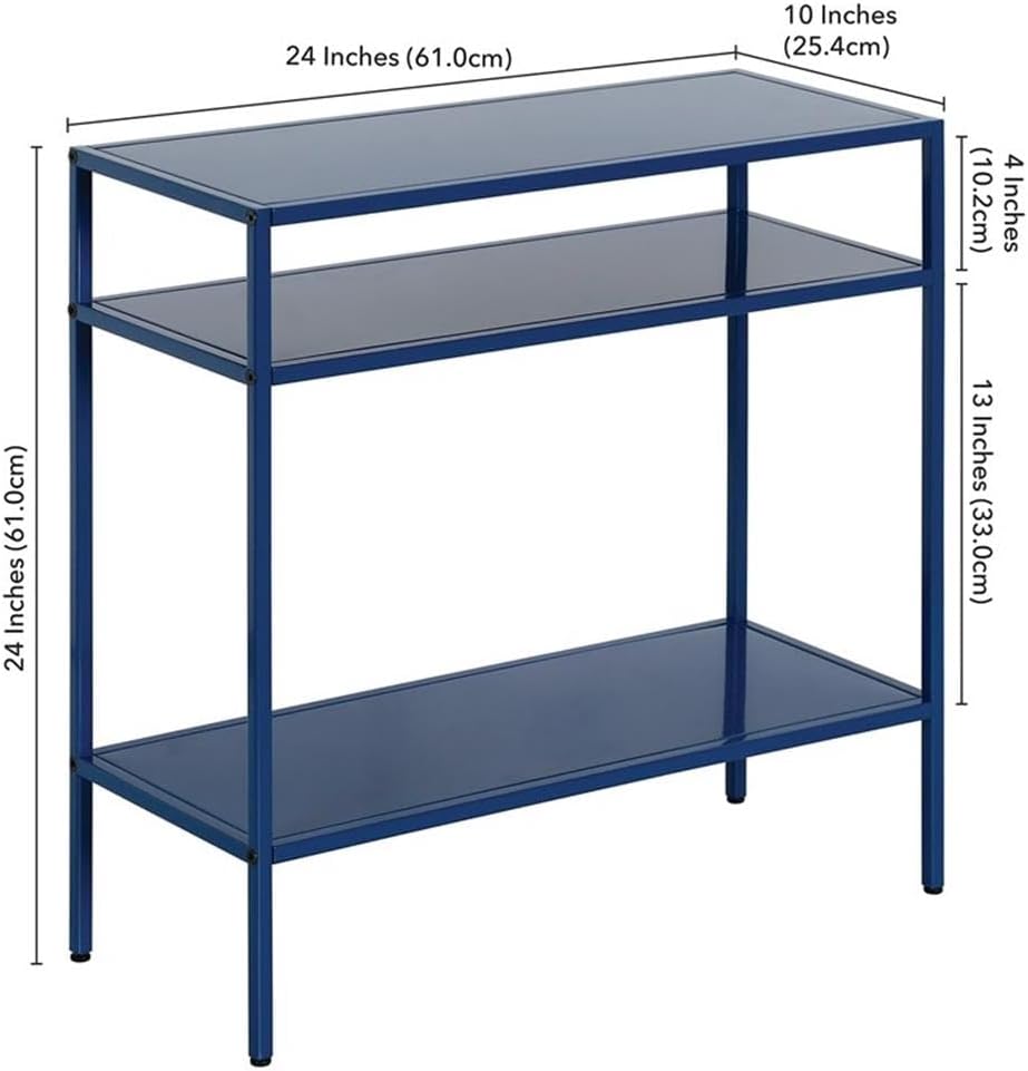 MAKLAINE Modern Metal Side Table, 24W x 10D x 24H, Handcrafted Steel Frame, Blue Finish, Compact Space-Saving Design, Industrial Contemporary Style for Living Room or Bedroom