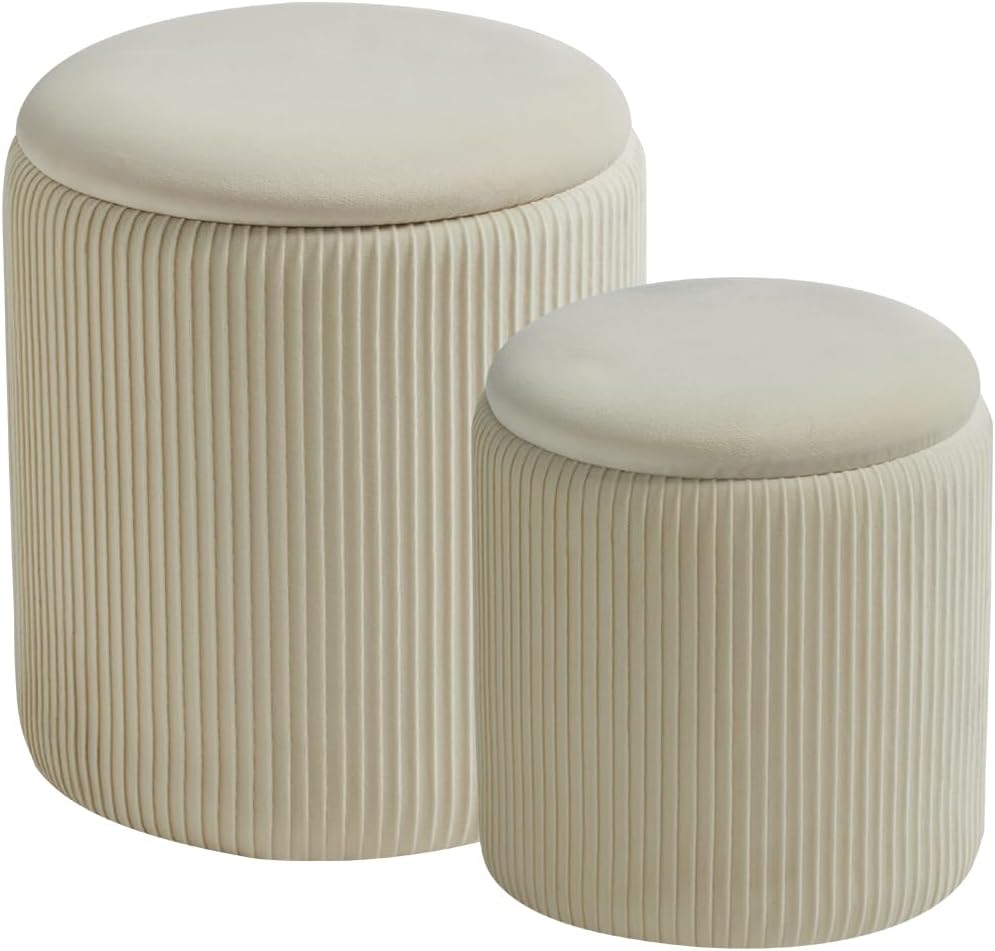 BLEXA Round Set of 2 Ottoman with Storage-Upholstered Velvet Vanity Stool for Makeup Multifunctional Ottomans Coffee Table Padded Seat Foot Rest for Living Room&Bedroom(White)
