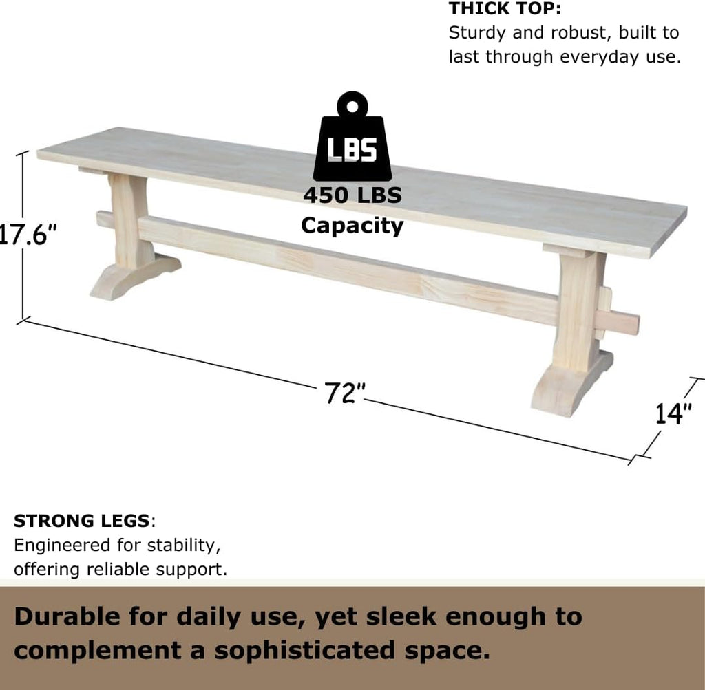 Solid Parawood Trestle Bench Unfinished 72", Kitchen/Dining Furniture, Sturdy & Reliable, Paint or Stain in Any Color, 450 lb Capacity, Entryway, Living Room, Family Room, Breakfast Nook, Unfinished
