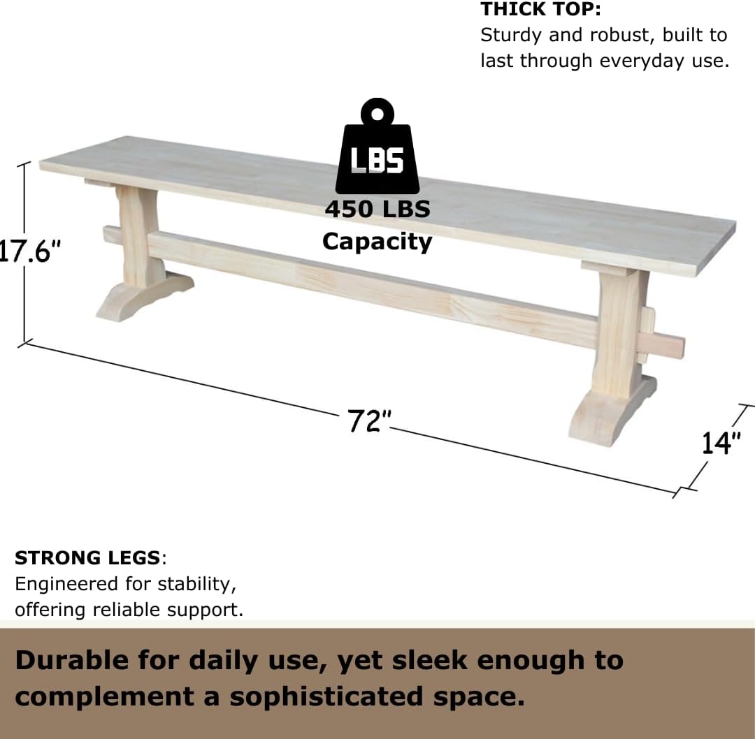 Solid Parawood Trestle Bench Unfinished 72", Kitchen/Dining Furniture, Sturdy & Reliable, Paint or Stain in Any Color, 450 lb Capacity, Entryway, Living Room, Family Room, Breakfast Nook, Unfinished
