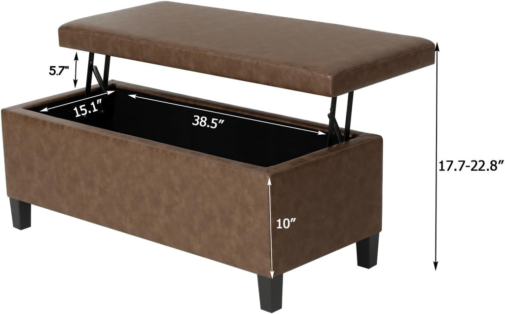Adeco 42 Inch Faux Leather Storage Ottoman Bench, Upholstered Lift Top Coffee Table with 30 Gallon Storage for Entryway & End of Bed, Mid-Century Modern, Light Brown Camel, Supports 665 lbs