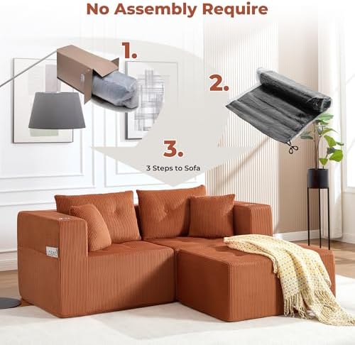 73" Loveseat Modular Sectional Sofa, Oversized 2-Seater Boneless Tufted Cloud Couch with Cup Holder and Movable Ottoman, Corduroy Upholstery Small Couches for Living Room, No Assembly Orange