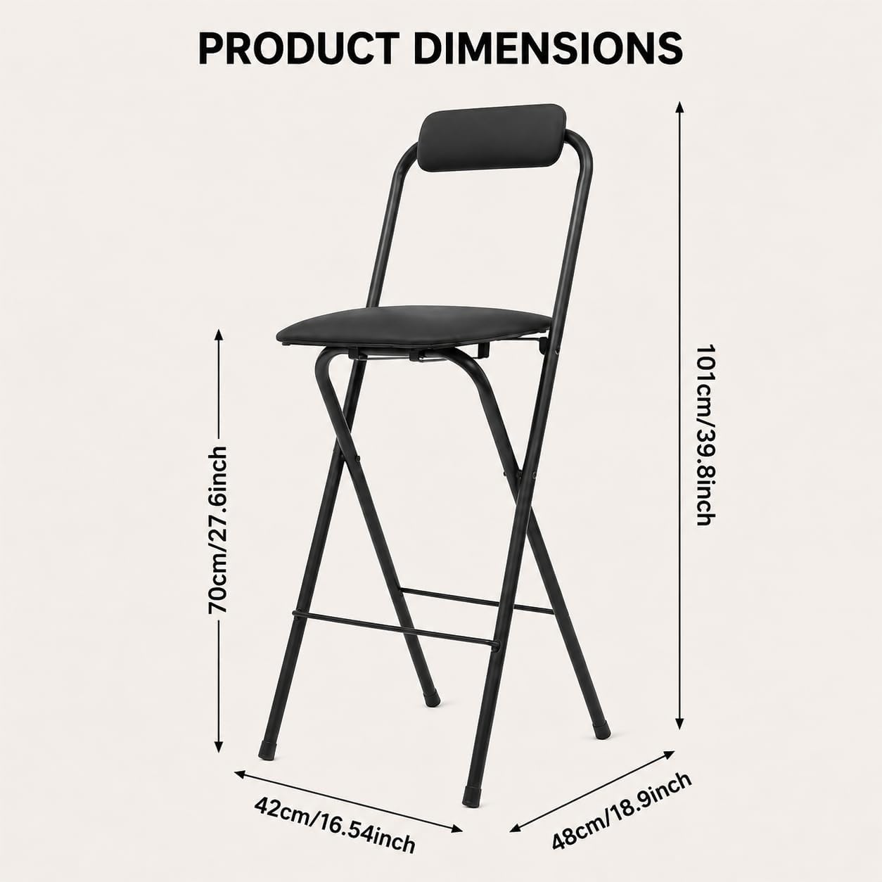 27.5'' Tall Folding Bar Stool, Cushioned Padded Folding Stool with Back, Portable Adult Folding Chair, 275 lbs Load Capacity, Counter Height Seat for Kitchen, Living Room, Garden, Camping, Black