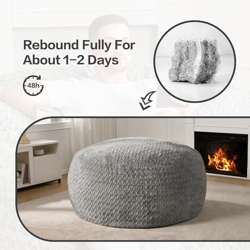 Hobestluk Bean Bag Chair Large Washable Soft Living Room Adult 5Ft Grey | No Assembly Required Memory Foam Filling Machine Washable Cover Bedroom Dorm Reading Gaming Fluffy Plush Faux Fur Fabric