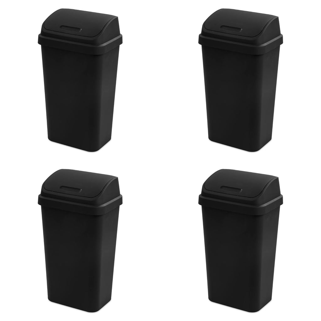 Sterilite 4-Pack Swing Top Wastebasket, Sleek Square Profile Trash Can, 13 Gallon, Black - Modern Garbage Bin for Kitchen, Bathroom, Garage and Workspace, Fits 13 Gal Liners