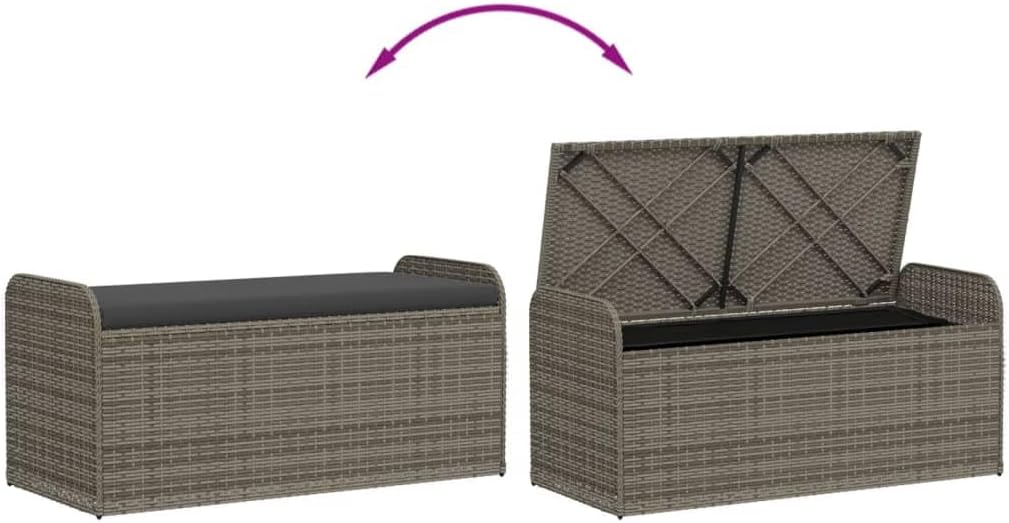 Patio Storage Bench with Cushion, 45.3 Inch Outdoor Storage Seat, Gray Poly Rattan Garden Bench with Waterproof Bag and Gas Spring