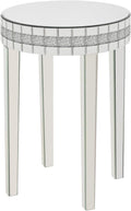 Round Mirror Accent Table with Crushed Diamond Edge Frame, 19.7" Mirrored End Table with Crystal Legs for Living Room Entryway, Small Space Side Table