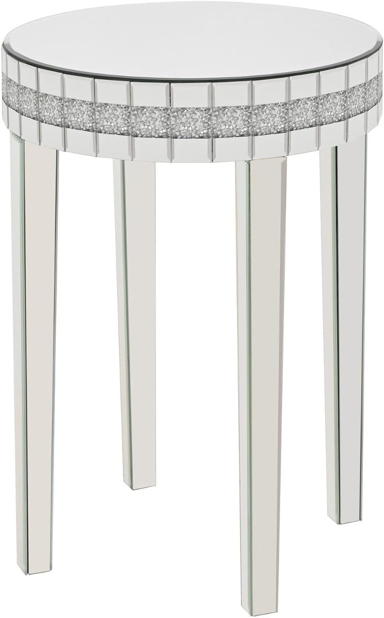 Round Mirror Accent Table with Crushed Diamond Edge Frame, 19.7" Mirrored End Table with Crystal Legs for Living Room Entryway, Small Space Side Table