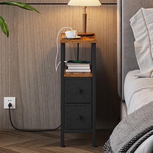 Narrow Side Table for Small Spaces, Skinny End Table with Charging Station, Sofa Beside Table with 2 Drawers 1 Open Compartment, Slim Nightstand with USB Ports Outlet, Rustic and Brown UTBT005FV2