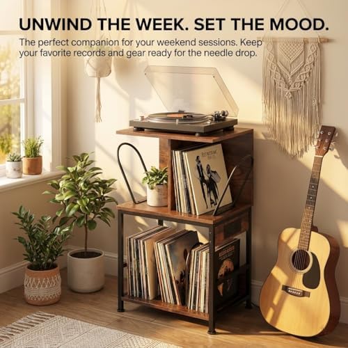 Record Player Stand with Vinyl Storage, Large Record Table Holds 180 Albums, Vinyl Record Storage Stand with USB Charger, Multi-Functional Side Table & Shelf for Living Room Bedroom
