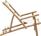 Bamboo and Canvas Deck Chair, Folding Lounge Chair for Outdoor Patio Garden and Balcony, Adjustable Reclining Sling Chair with Cream White Fabric, Durable Frame for Sun Lounging