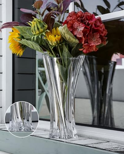 Crystal Glass Vase – Heavy Crystal Vase for Flowers with Weighted Bottom, Thick Durable Decorative Vases for Modern Home Decor, 9.8″ 3.5lb Clear Centerpiece (Transparent)