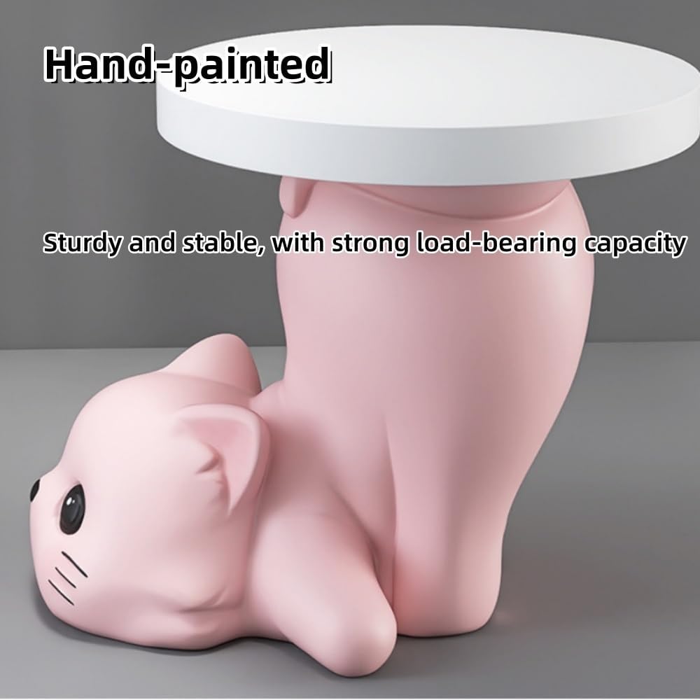 Creative Resin Cat Side Table with Tray, Multifunctional Accent Table for Small Spaces, Cartoon End Tables for Living Room, Bedroom or Entryway(Beige)