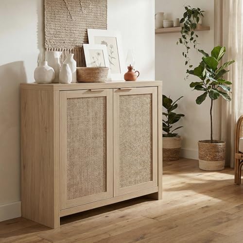 OAKHAM HOME Rattan Sideboard Buffet Cabinet with Storage, Boho Farmhouse Credenza with Adjustable Shelves, Decorative Coffee Bar Cabinet for Kitchen, Living Room & Entryway Organization, Light Oak
