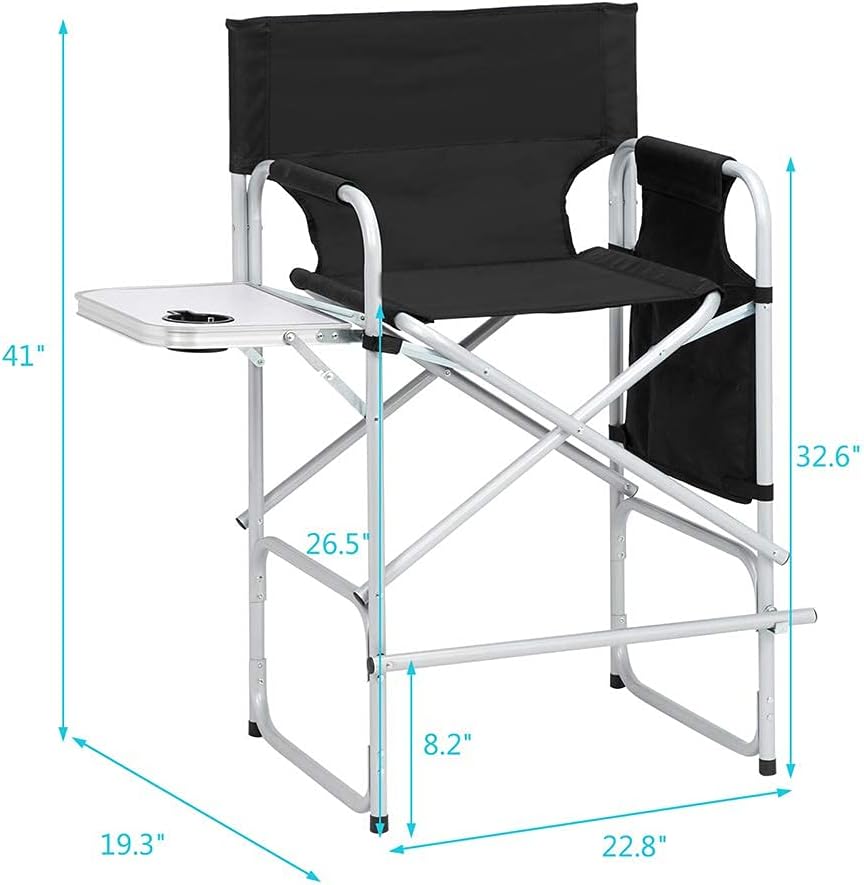 Tall Directors Chair, 41'' Portable Makeup Artist Chair with Side Table, Tall Folding Chair for Camping, Home Patio, Golf Course, Cup Holder and Storage Bag, Weight Capacity 400LBS