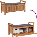 Solid Acacia Wood Patio Storage Bench with Cushion, Curved Arms, and Ample Storage Space for Garden Organization