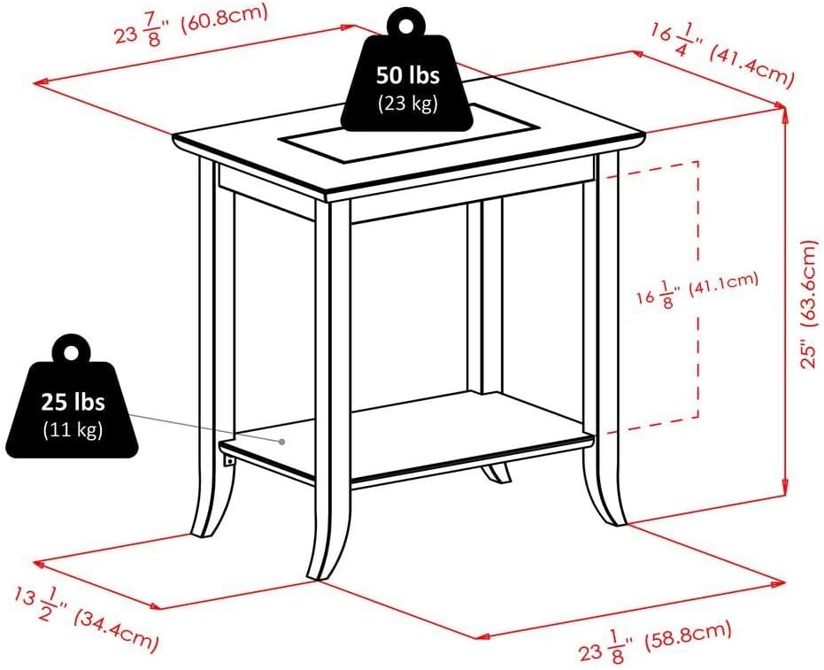 Furnifact Rectangular End Table, Glass Top, Lower Shelf, Flared Legs, Solid Wood Frame, Espresso Finish, Brown