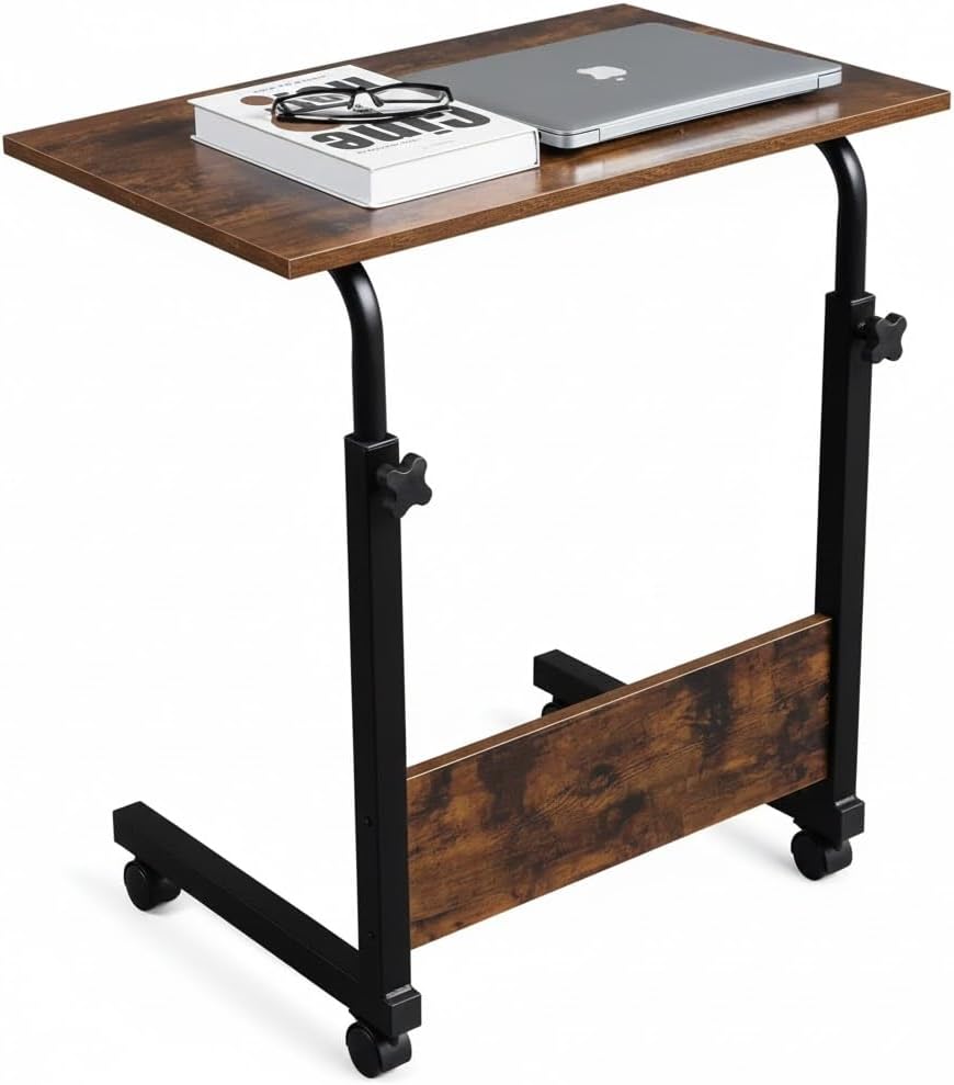 Rolling Height Adjustable C-Shaped Side Table, 15MM P2 Chipboard and Steel Laptop Cart with Edge Stopper, Rustic Brown for Living Room Bedroom Couch Bed