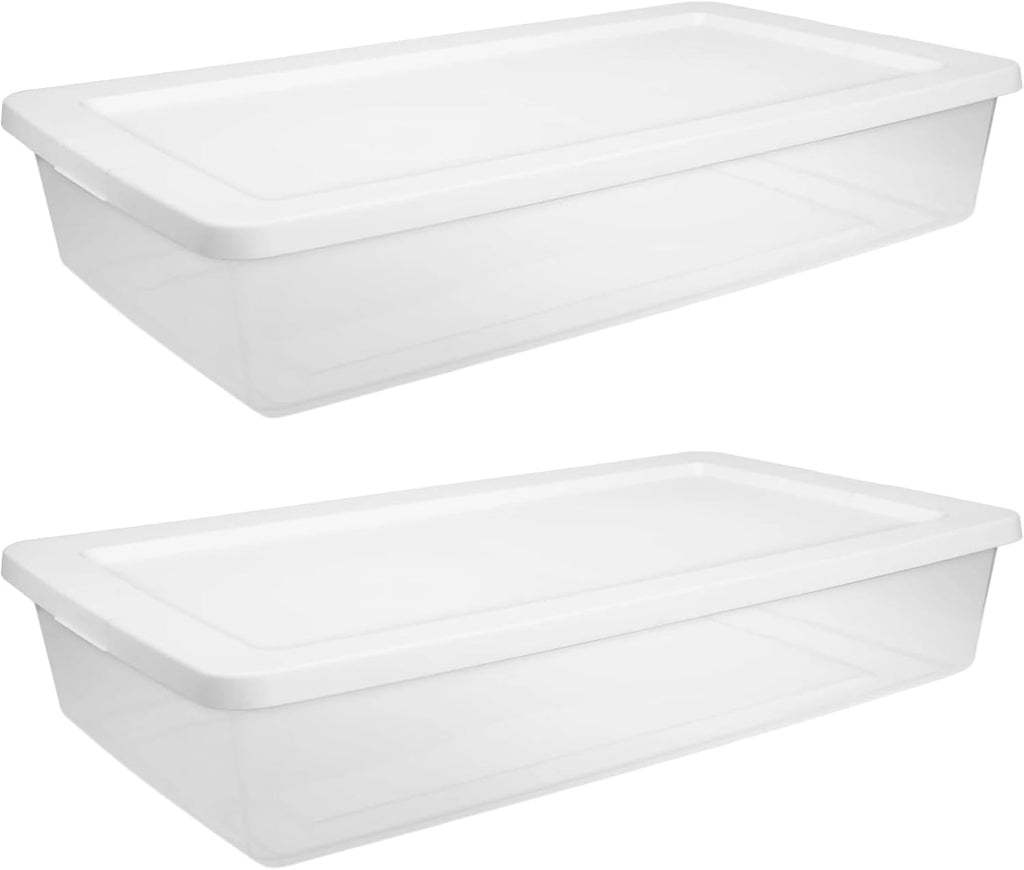 2-Pack 41 Quart Clear Plastic Underbed Storage Container with White Snap-On Lid for Dorm Room, Apartment, and Small Space Storage
